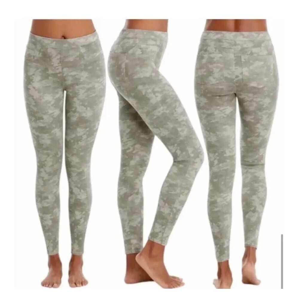 SPANX JEAN-ISH WOMENS SIZE MED GRAY CAMO MID RISE PULL-ON  STRETCH  PANTS